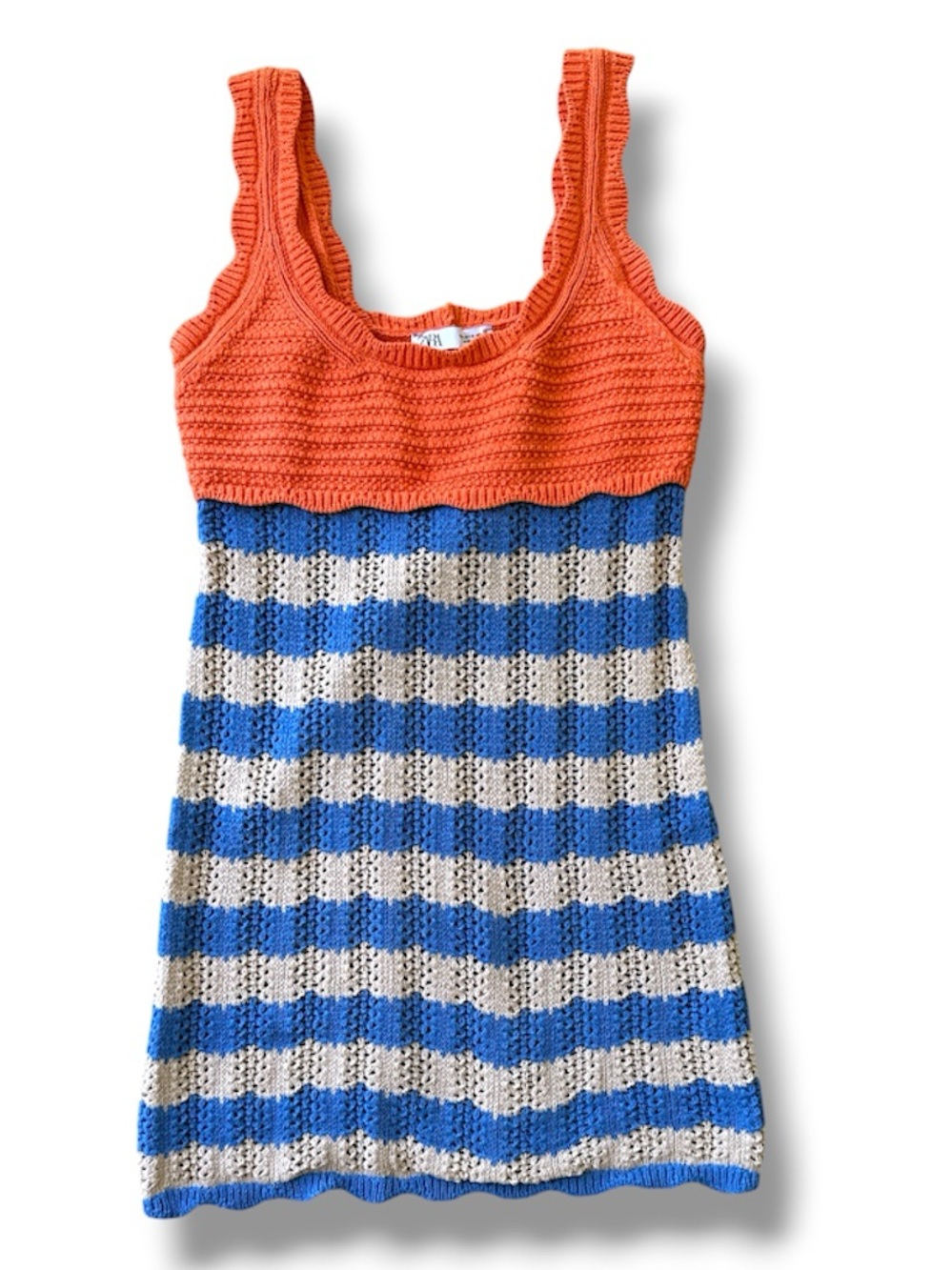 ZARA Blue/Orange Wavy Striped Crochet Knit Mini Dress Size Medium - Picture 3 of 11